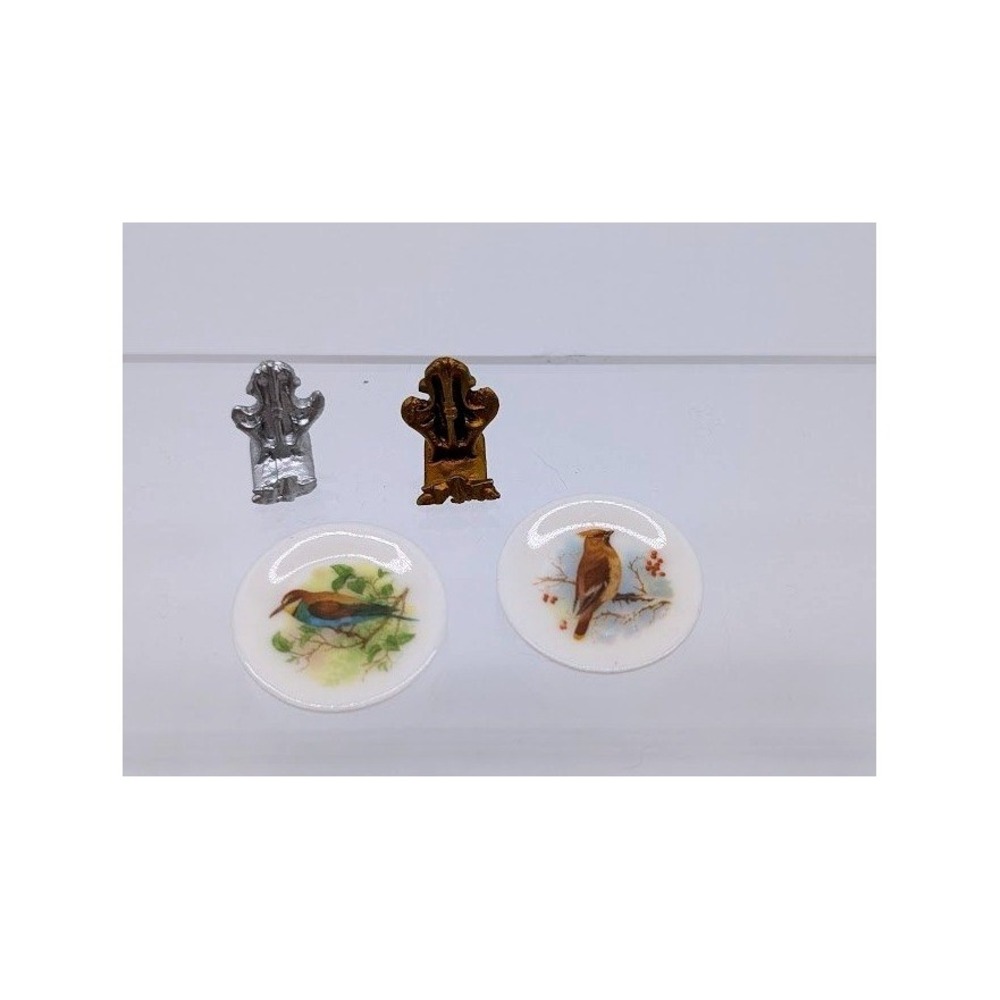 2 Set 1:12 Miniature Porcelain Bird Plates Metal Display Stand Farmhouse Cottage
